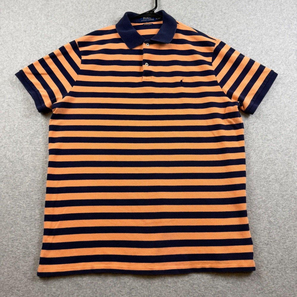 Polo Ralph Lauren Polo Shirt Mens XL Orange Navy Blue Striped Custom Slim Fit
